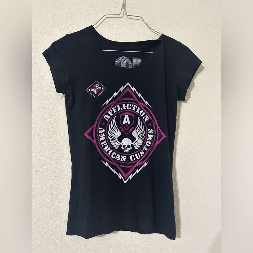 Affliction American Customs Tee Shirt Womens Black S Short Sleeve  Biker Grunge